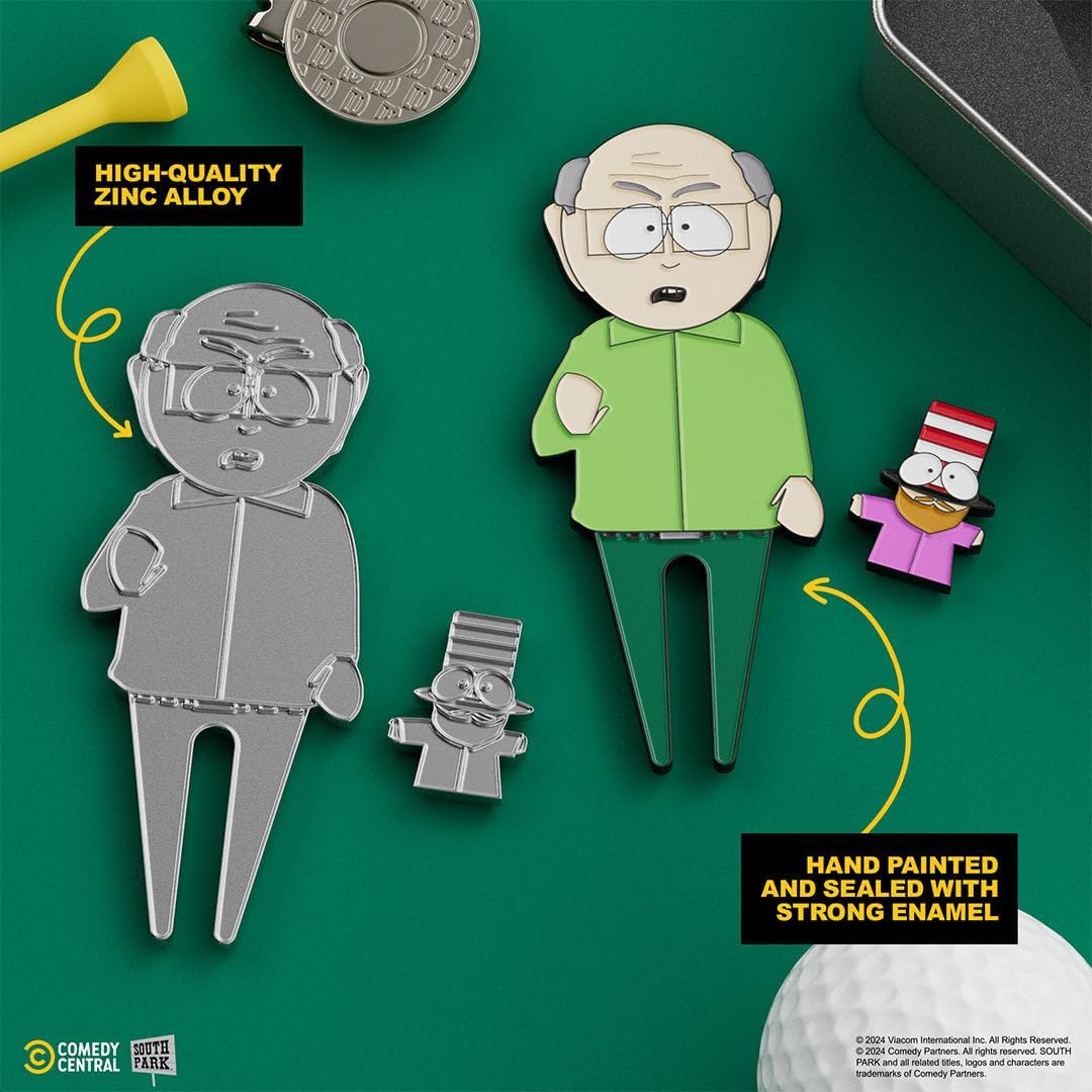 South Park Mr. Garrison Divot Tool with Mr. Hat Ball Marker – Officially Licensed South Park Golf Accessories Set – Metal Divot Repair Tool with Magnetic Ball Marker for Golfers