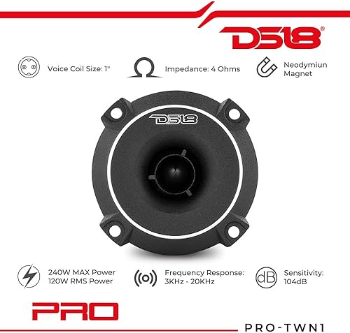 Miniatura 2 de DS18 PRO-TWN1 - Tweeter delgado de titanio de alta compresión de neodimio de 1 pulgada, 240 W, máximo 120 W, RMS con tweeters crossover integrados,