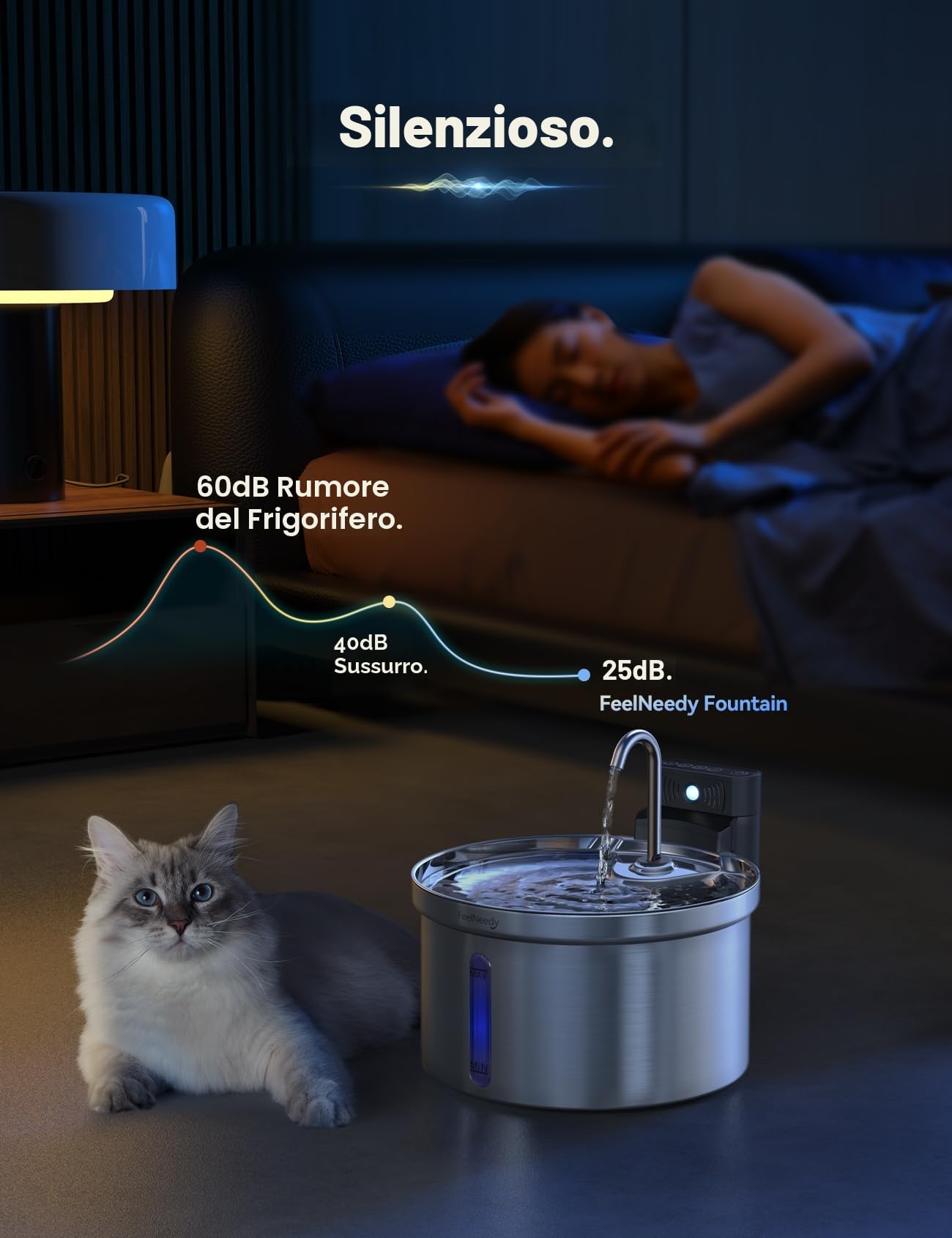 Fontanella per Gatti Senza Fili con Sensore [Separazione acqua e batteria] FEELNEEDY Distributore Automatico d'acqua in Acciaio Inox, Fontana a Batteria 4000mAh- 3.5L con 6 Set Filtri