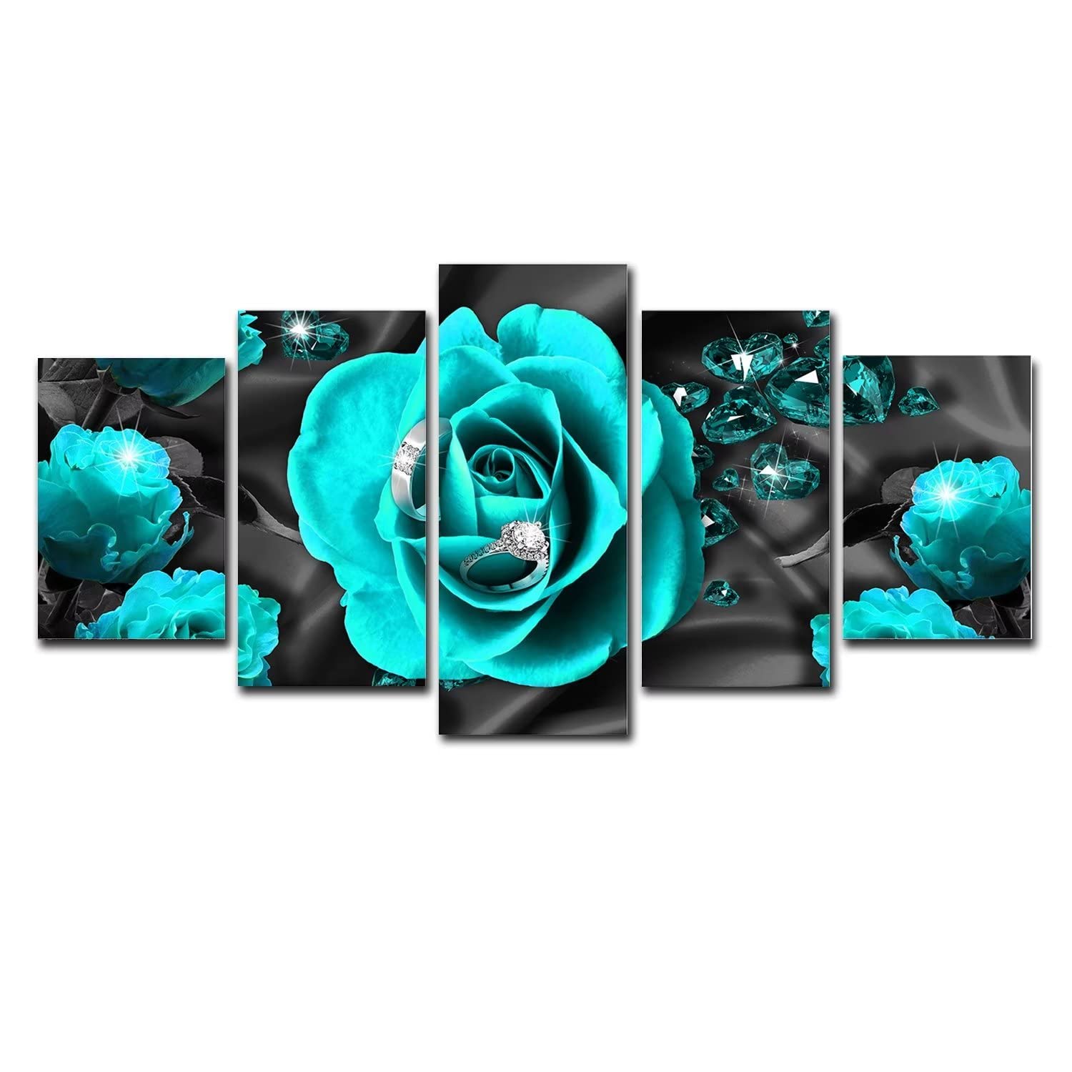 Condition photo showing New/Like New for awlxphy decor teal rose wall art canvas painting framed 5 panels for living room decoration modern blue and black rose stretched artwork flower giclee home decor(blue, 40"x20")
