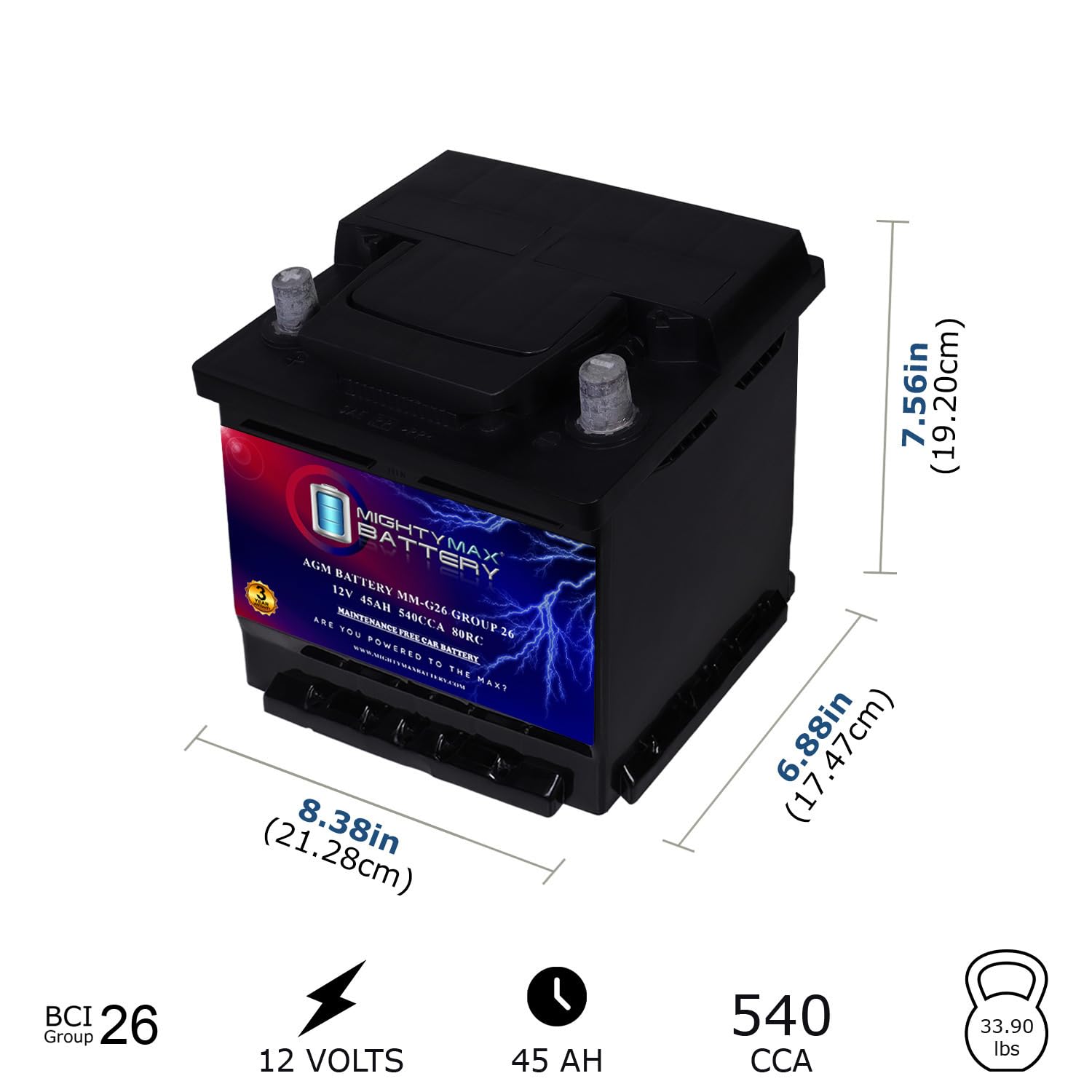 Mighty Max Battery MM-G26 Group 26 12V 45AH 540CCA Replacement