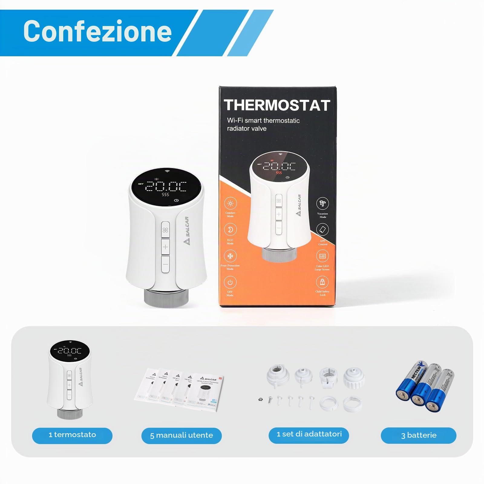 SALCAR Termostato WiFi TRV706W Testina Termostatica Compatibile con Amazon Alexa e Google Home Termostato Programmabile Tuya Radiatore, Nessun Gateway Richiesto (1)