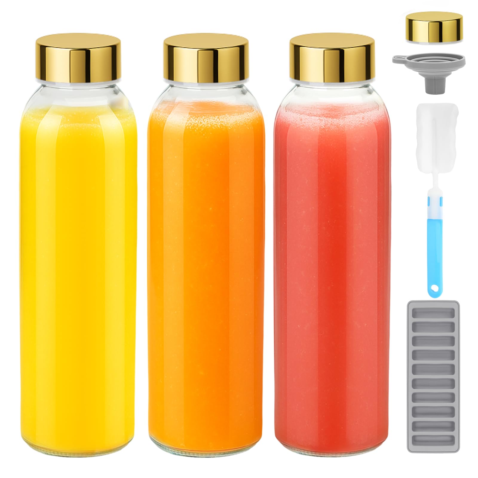 Zukro Glass Water Bottles with Gold Lids 18 oz, Reusable Clear Glass Juice Bottles Stainless Steel Airtight Cap for Juicing, 100% Leak Proof Juice