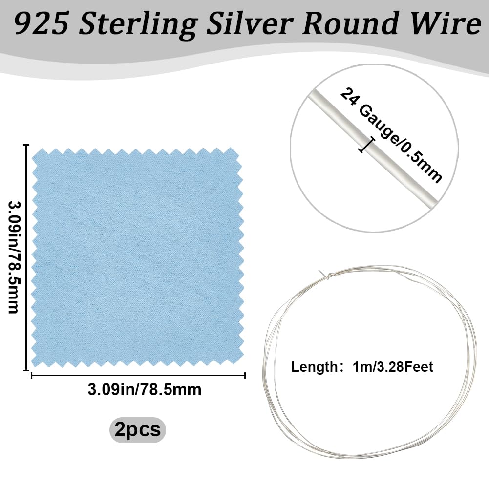 Beebeecraft Filo d'Argento da 0.5mm e 24 Gauge 925 Filo in Argento Sterling 1M Rotondo per Gioielli Artigianali con 2 Pezzi di Panno Lucidante in Pelle Scamosciata per Avvolgere Il Gioielli
