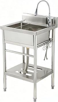 Stainless Steel Utility Sink, 22 20 39 Freestanding Stainless Steel Single Bowl Laundry Sink with swivel horn style faucets for Kitchen, Bathroom, Garage or Basement, Easy Install