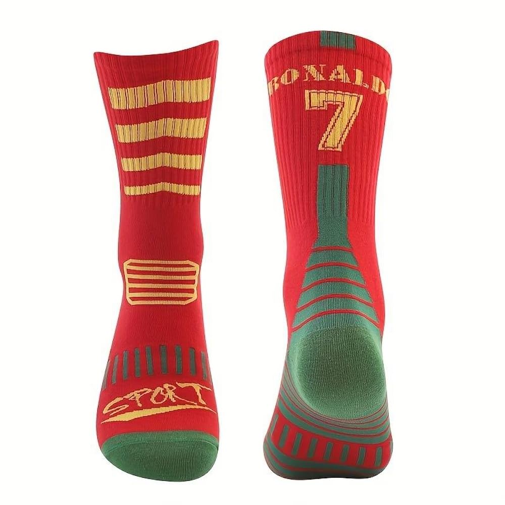 EZB Men's Football Player Star Name & Number 7 Cristiano Ronaldo Socks - Size 3-7, Two-Toned Coloured Striped Ronaldo Socks