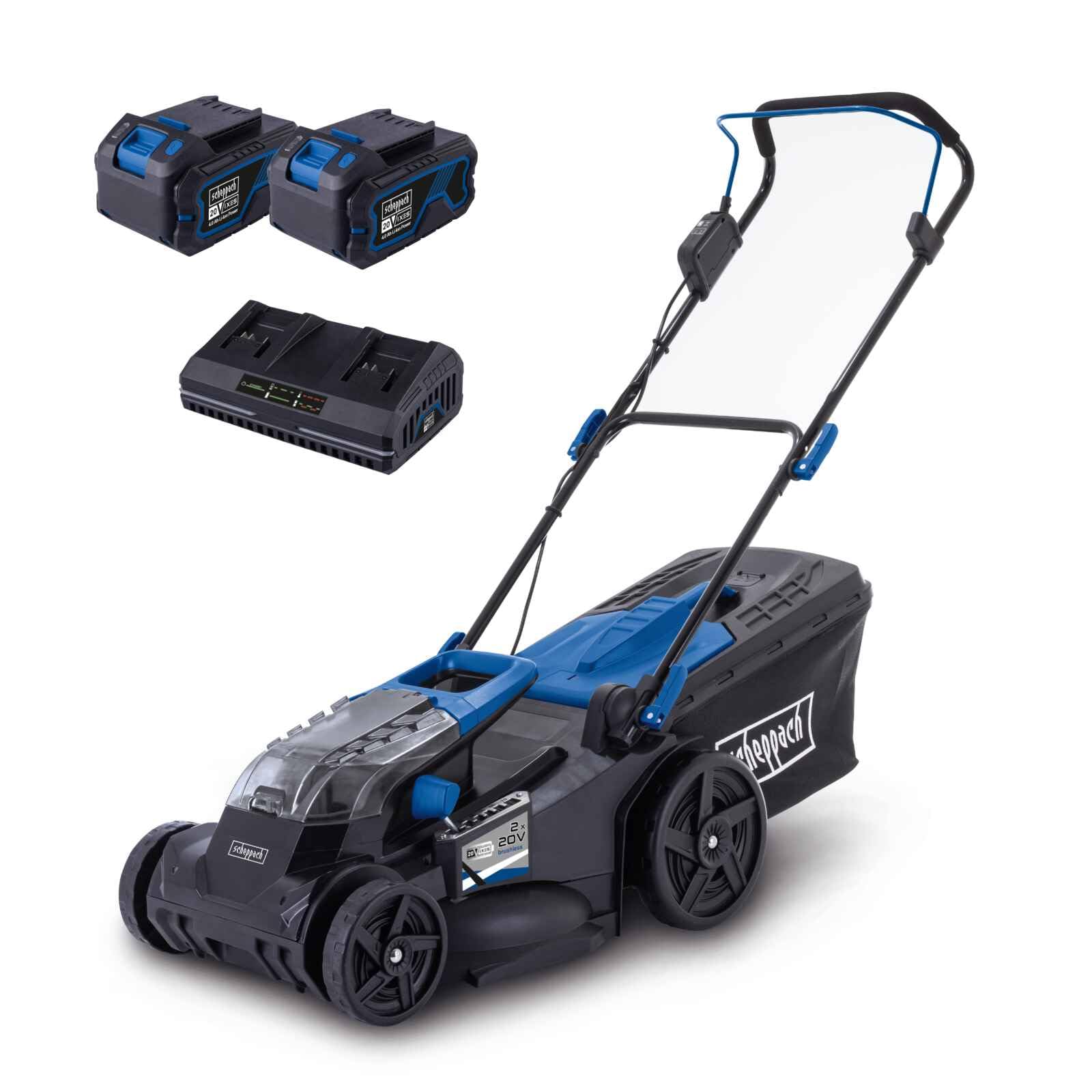 Scheppach Akku Rasenmäher BC-MP430-X | 43cm Schnittbreite | für 600-700m² | 50L Korb | Schnitthöhe 25–75mm | Brushless | 20V-IXES-Serie | 10 Jahre Garantie | 2x4Ah Akku & Fastcharge Doppelladegerät