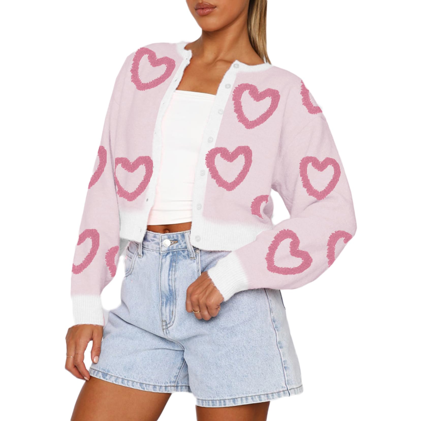 Women Valentines Crop Sweater Cardigan Love Long Sleeve Heart Printed Y2k Button Down Knitted Shirt Top