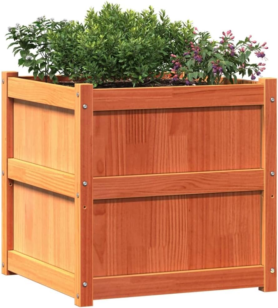 Set of 2 Solid Pine Wood Square Garden Planter Boxes 23.6x23.6x23.6 in Waxed Brown Finish, Rustic Raised Flower Beds for Outdoor Patio Balcony Use