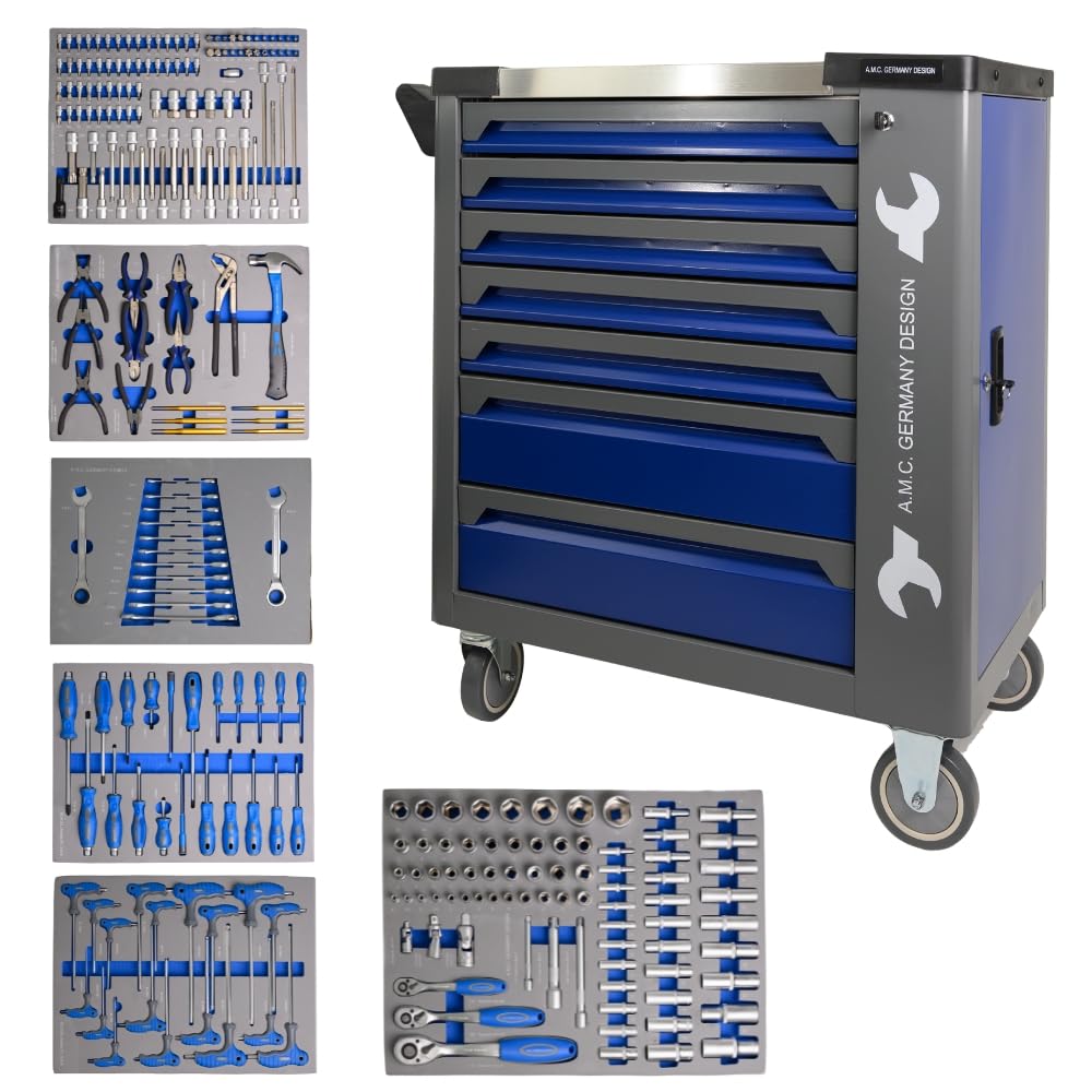 A.M.C. Carrello porta attrezzi 256 pezzi 7 cassetti con ruote struttura rinforzata