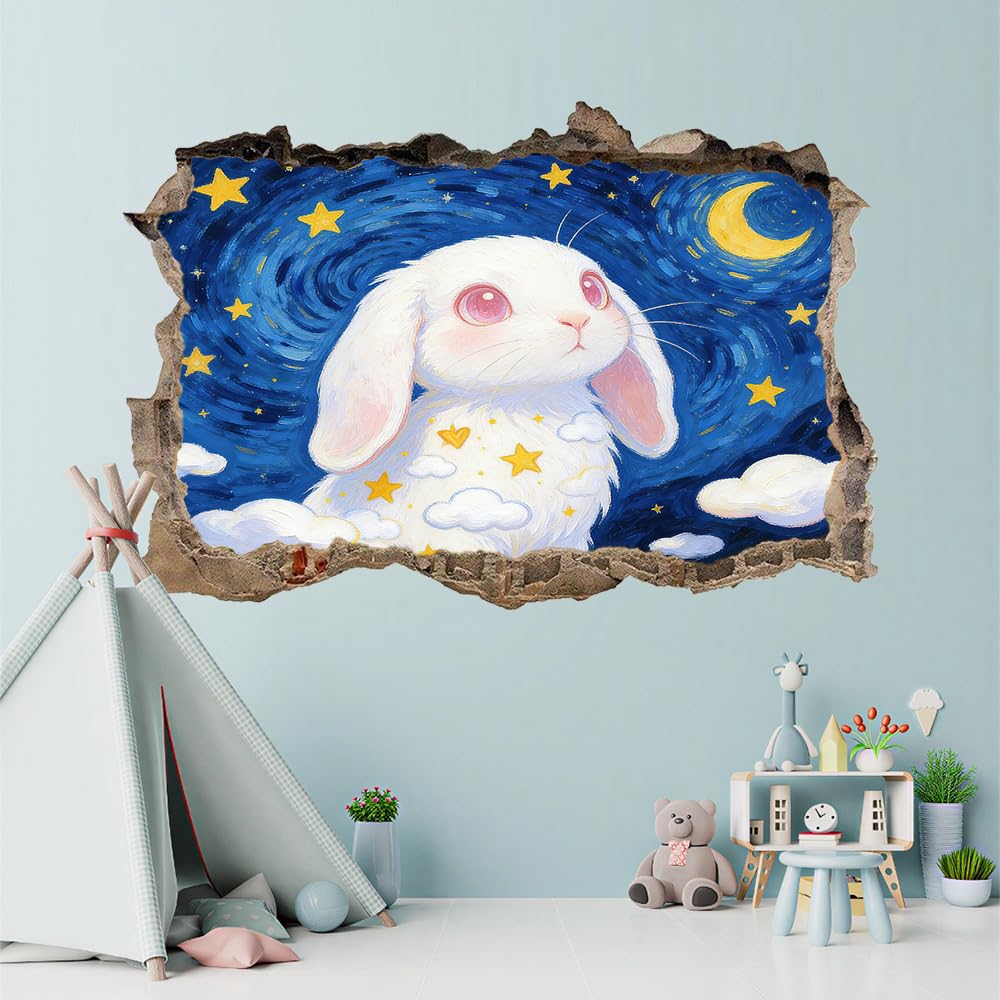Pegatinas de decoración de pared 3D Lindos Conejos Pegatinas De Pared Calcomanías Murales De Pared Rotas 3D Luna, Estrellas, Nubes Vinilo De Pared Arte Hogar Decoración De Pared 112x75cm