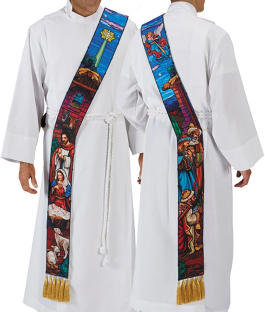 Stained Glass Christmas Nativity Deacon Stole, 110 Inch Beige