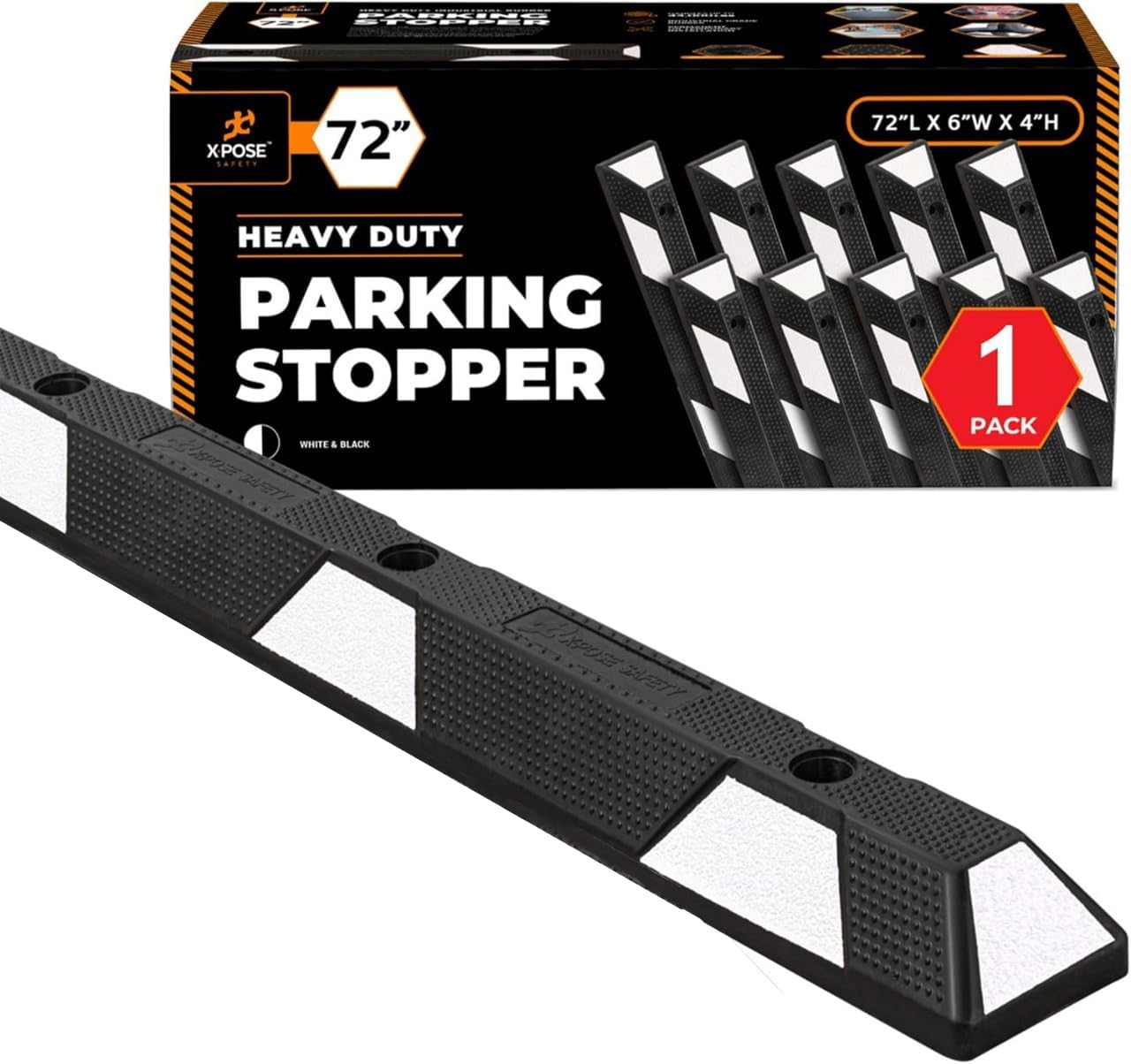 Xpose Safety 72" Heavy Duty Rubber Parking Stopper – 2 Pack Wheel Blocks for Garage, Driveway, or Ramp – Car Bumper Stop with White Reflective Strips – Removable Floor Mount