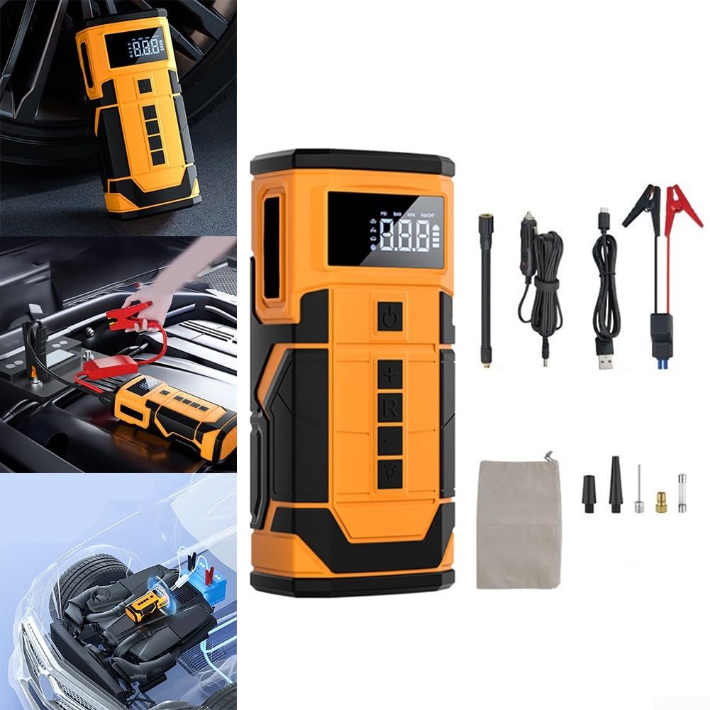 Eawfgtuw Arrancador de coche de 8000 A con bomba de aire, paquete de refuerzo de batería de 12 V, inflador de neumáticos de 150 PSI, banco de energía portátil, paquete de salto automático de
