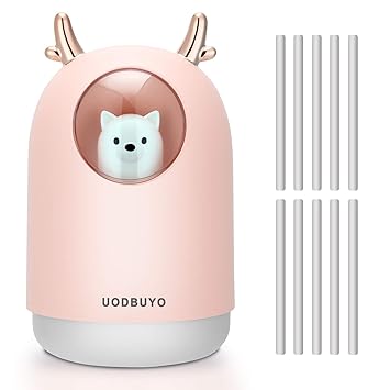 UODBUYO Portable Cool Mist Humidifier - 300ml USB Mini Air Humidifier with 10 Pcs Humidifier Sticks, 7 Color Night Light Room Humidifier for Bedroom Office Desk,Car,Travel (Pink)