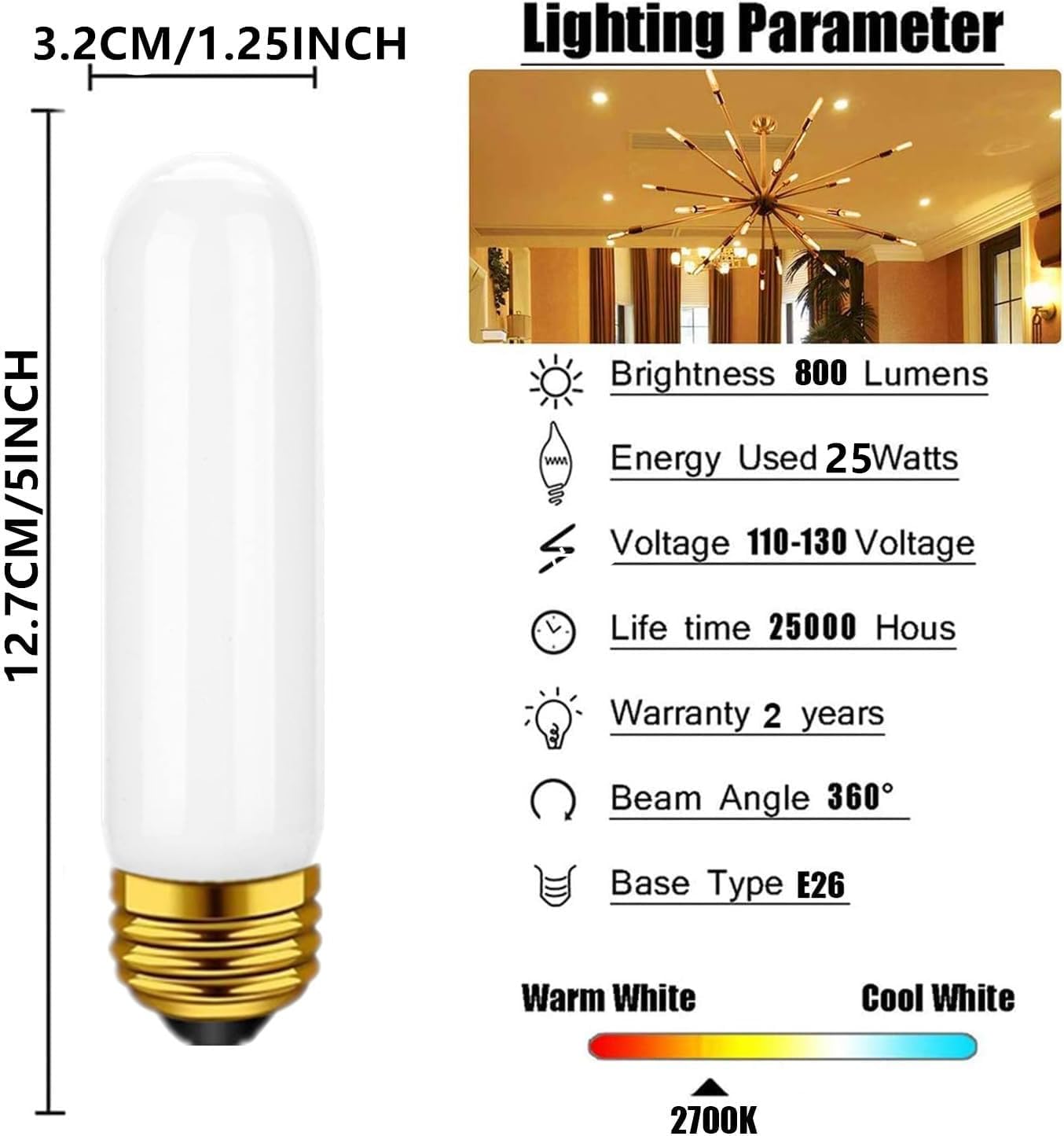25 Watt T10 Frosted Bulb, T10 Tubular Light, Vintage Style Showcase Bulb,Showcase lamp, 2700K Soft White, E26 Medium Base, 280 Lumens (4PACK)