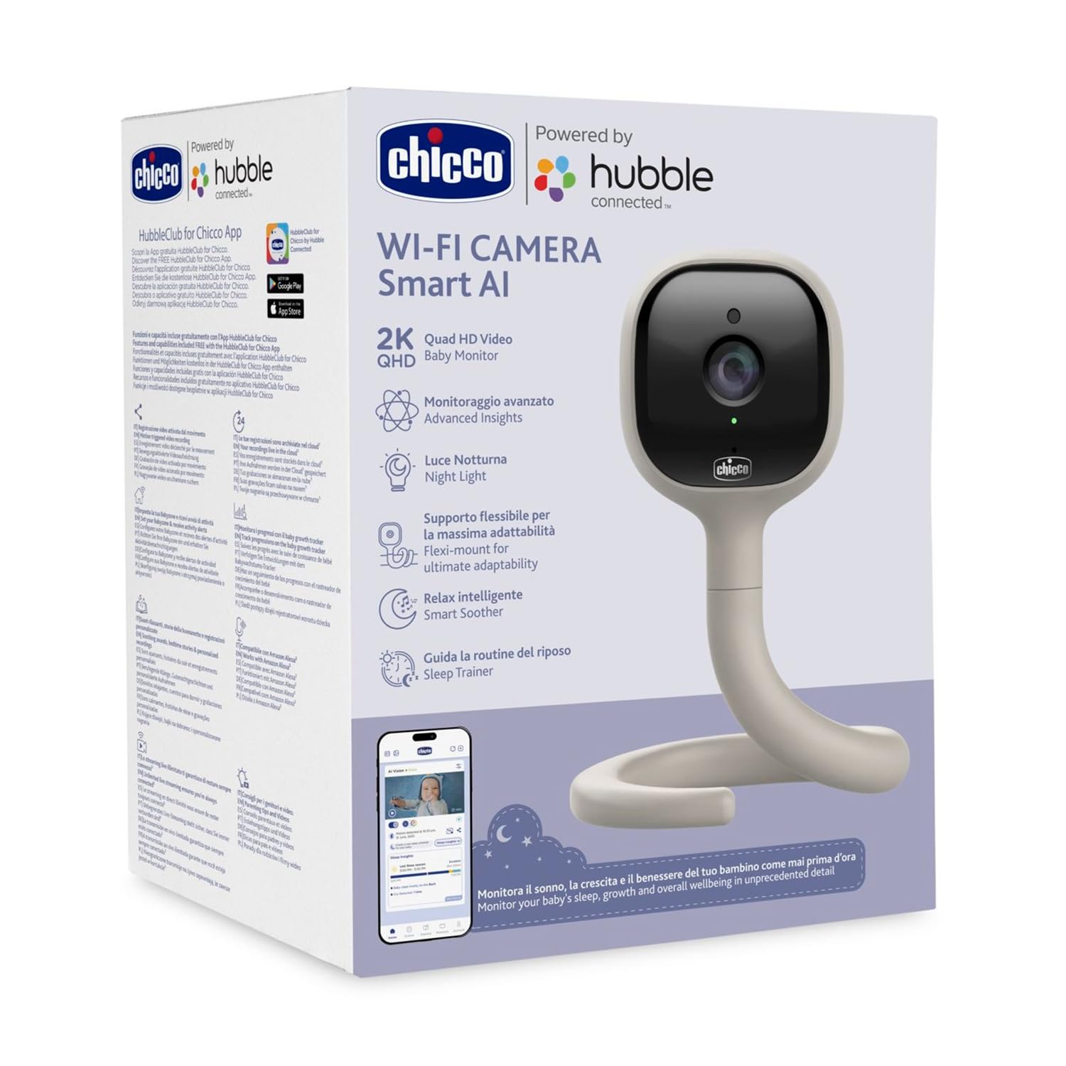 Chicco Wideo Baby Monitor Wi-Fi Smart AI, kamera 2K UHD z nocnym widzeniem na podczerwień, dedykowana aplikacja, wielokolorowe światła, nielanny i białe szumy, wisząca i adaptacyjna
