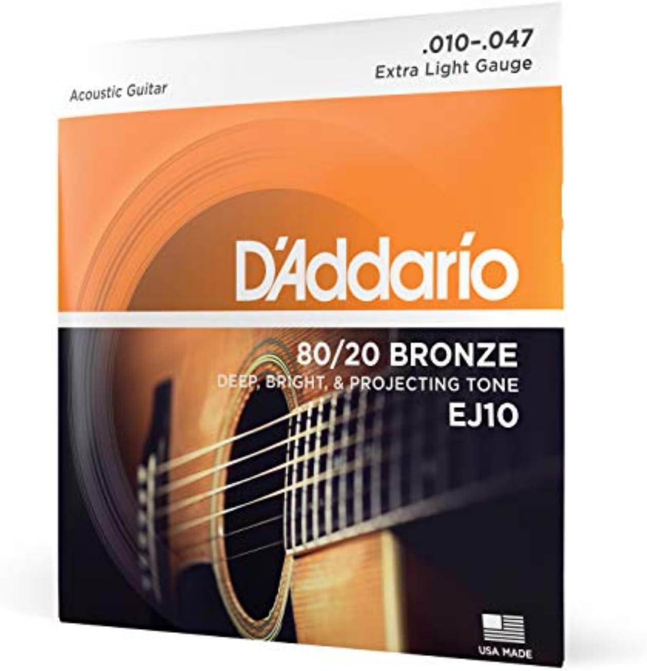 D'Addario Acoustic Guitar Strings - 80/20 Bronze - For 6 String Guitars - Deep, Bright, Projecting Tone - EJ10 - Extra Light, 10-47