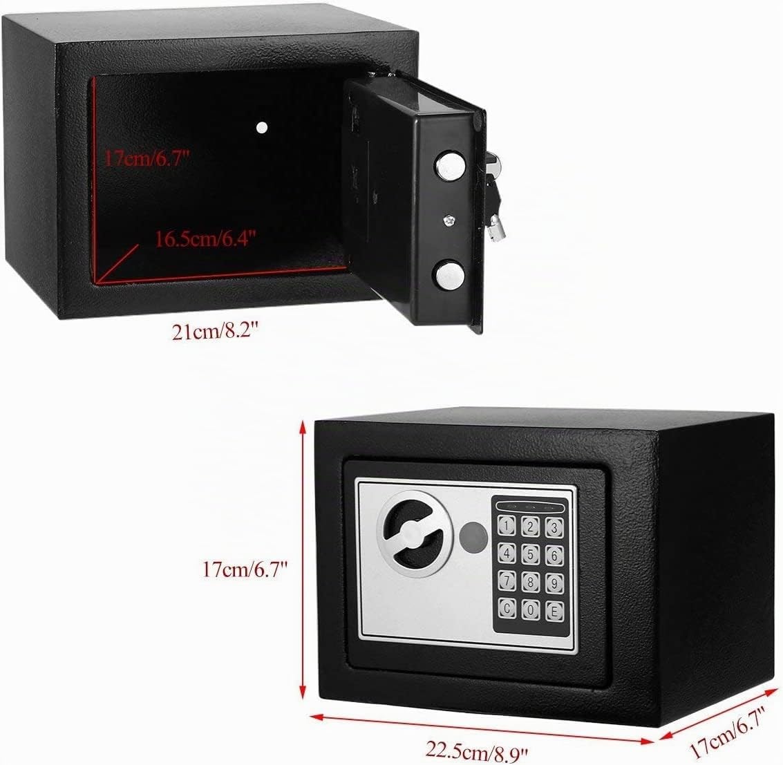 Himimi® Caja fuerte ignífuga, resistente al agua, 2 llaves urgentes y tornillos de fijación, transformador de pared con 2 pernos de doble acero, caja fuerte de acero, 23 x 17 x 17 cm