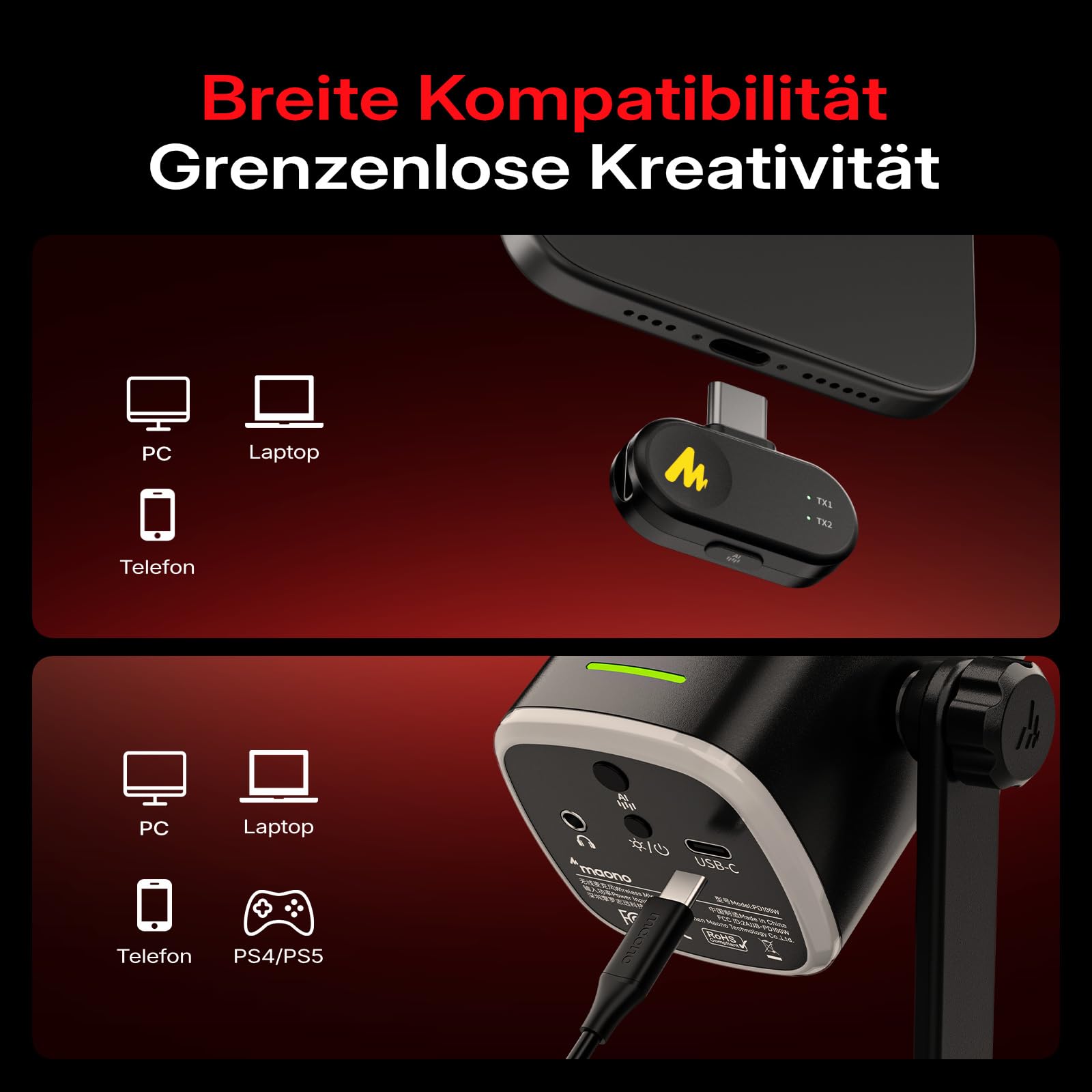 MAONO PD100W Kabelloses Gaming Mikrofon, 2.4GHz Wireless & USB Dynamisches PC Mikrofon mit ENC Rauschunterdrückung & Software für Streaming, Recording, Podcast für Computer, PS4/5, Smartphone, Schwarz