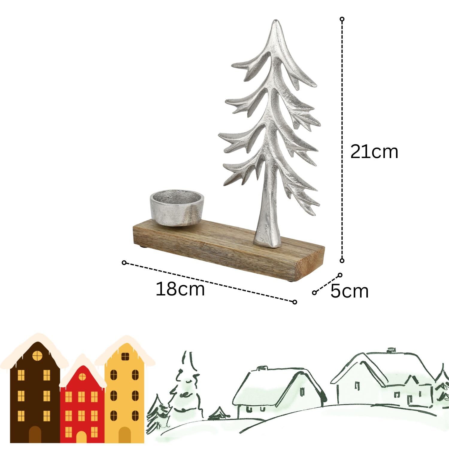 Portavelas Xmas 1, Plata, Juego de 2, Aluminio con Base de Madera, 20 cm