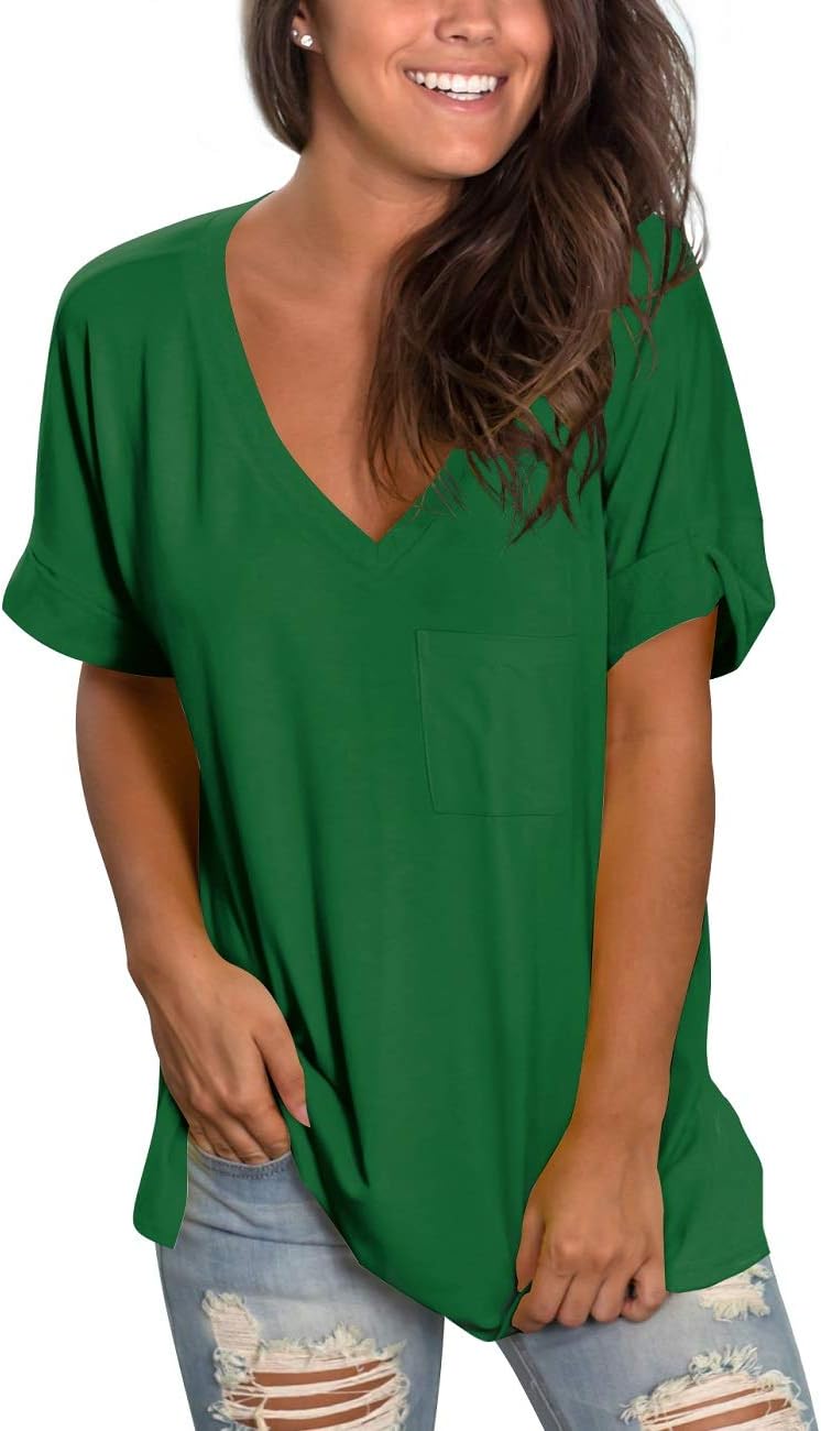 Womens Basic V Neck T Shirts Rolled Short Sleeve Summer Casual Tops with Pocket