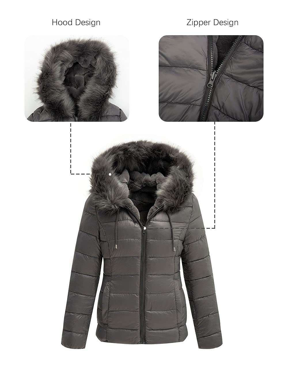 Giolshon Giubbotto Donna Reversibile in Eco Pile, Piumino Corto Invernale con Cappuccio e Collo in Pelliccia