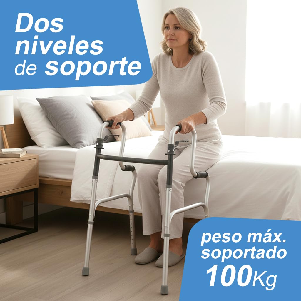 ALMA Andador para Ancianos de Dos Niveles Andador, Incorporador Plegable de Aluminio, Sin Ruedas, Ajustable en Altura, con Ayuda para Levantarse y Empuñaduras Anatómicas, Adultos y Personas Mayores
