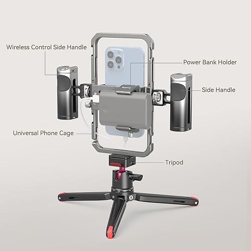 Miniatura 3 de SmallRig Kit universal todo en uno de aparejo de video para teléfono, con asas de control inalámbrico, soporte para banco de energía, trípode de