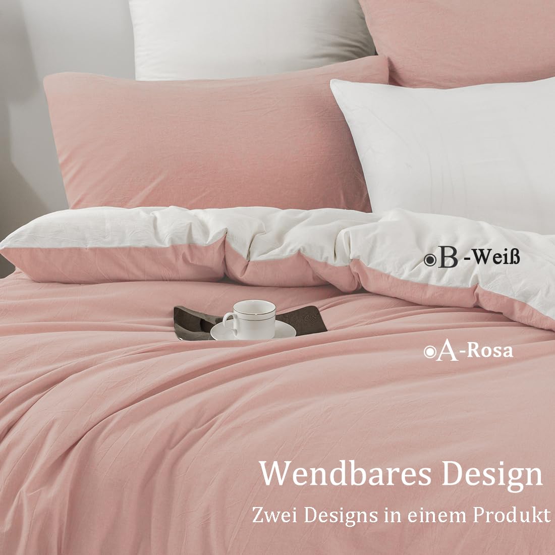 Biancheria da letto 140 x 200 cm, in cotone rosa/bianco, set di biancheria da letto da 2 pezzi, morbido, 100% cotone lavato, include 1 copripiumino da 140 x 200 cm e 1 federa da 80 x 80 cm con
