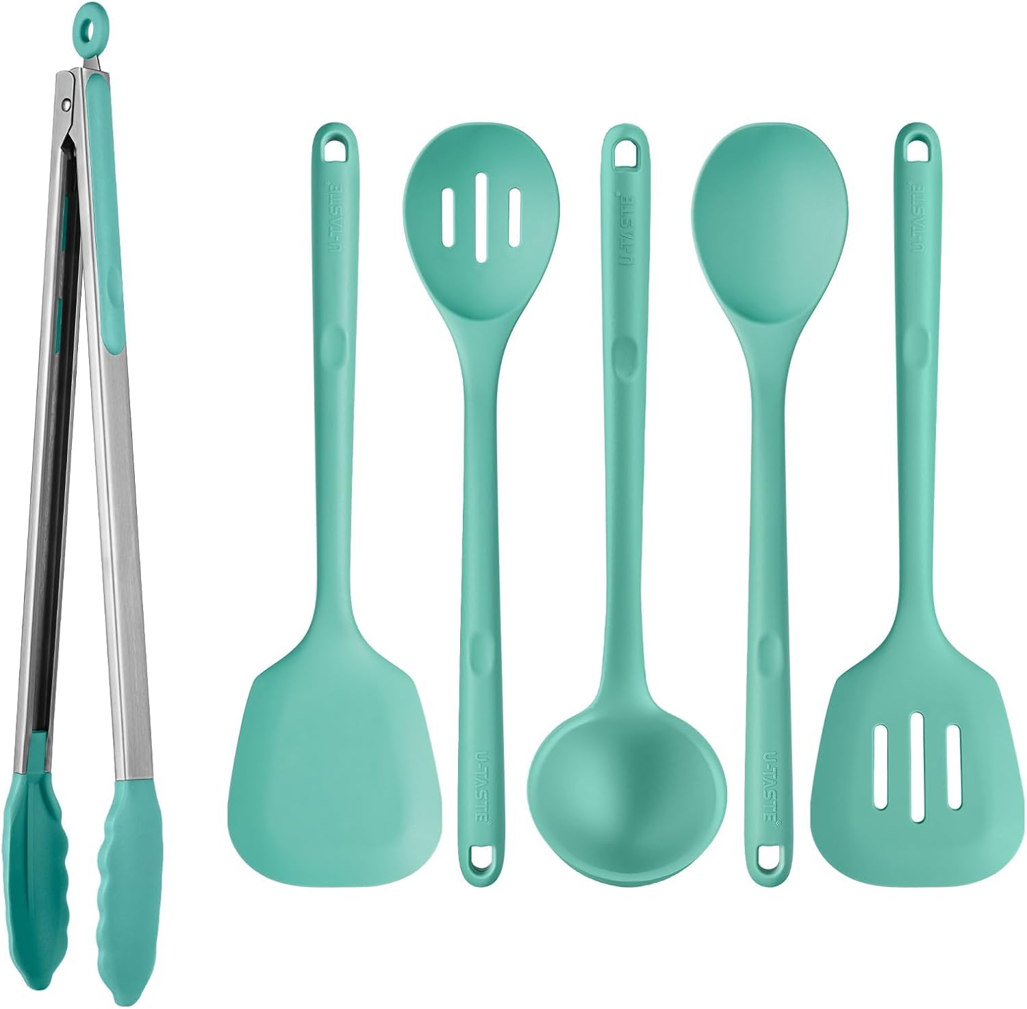 U-Taste 600℉ Heat Resistant BPA Free Non Stick Firm Cooking Tongs (16in), and 600℉ Heat Proof BPA-Free Solid/Slotted Sturdy Cooking Utensil for Non Stick Cookware (Set of 5), Aqua Sky