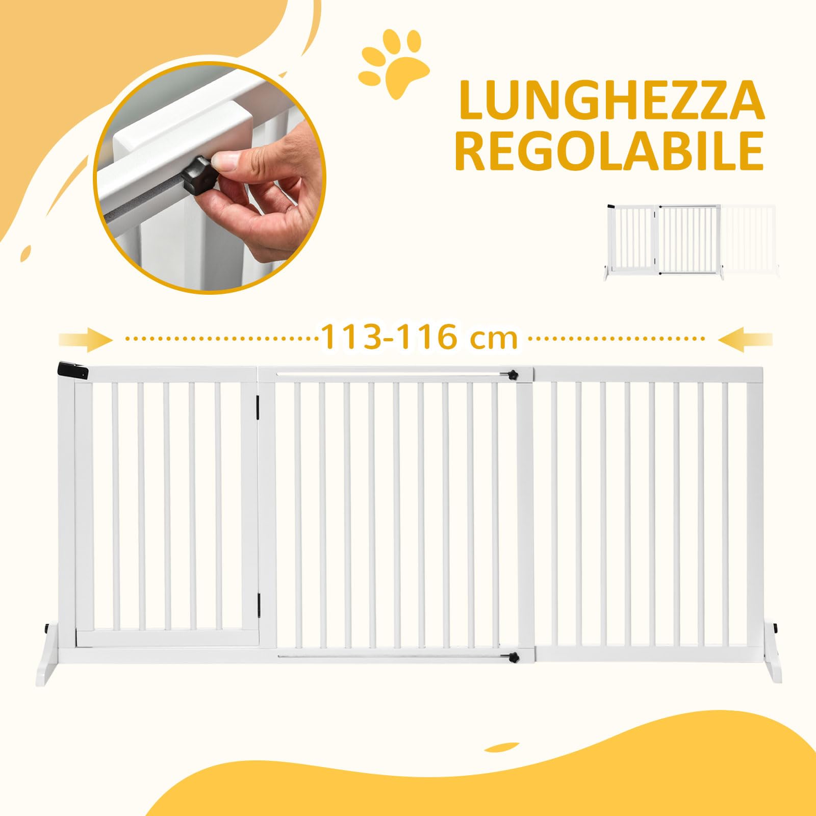 PawHut Cancellino per Cani Medio-Piccola 113-166x36x71cm Bianco | 3 Pannelli, Regolabile, Cancelletto di Sicurezza, 2 Piedini, Serratura, Legno di Pino