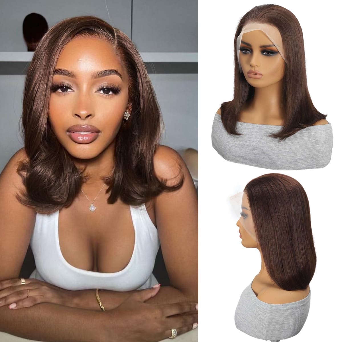 Chocolate Brown Short Bob Human Hair Wigs Pre Colored #4 Lace Frontal Wig Pre Plucked 13x4 Transparent Lace Front Human Hair Wigs (Chocolate Brown, 14 inch)