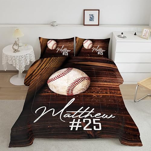 Juego de edredón de béisbol, ropa de cama deportiva vintage de 3 piezas para niños y adolescentes, relleno de edredón de poliéster suave con 2