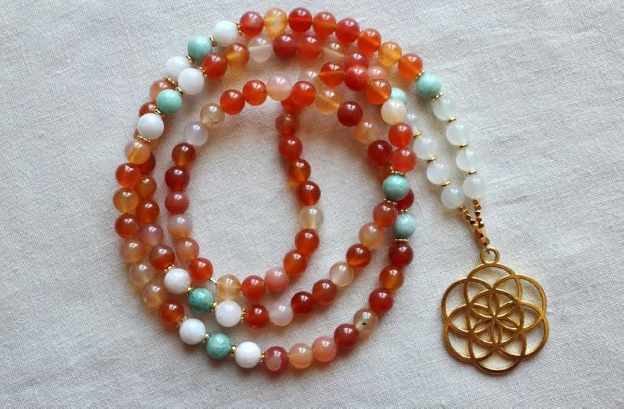 Natural Carnelian, Rainbow Moonstone & Amazonite 6MM Beaded Handmade Prayer Mala Necklace