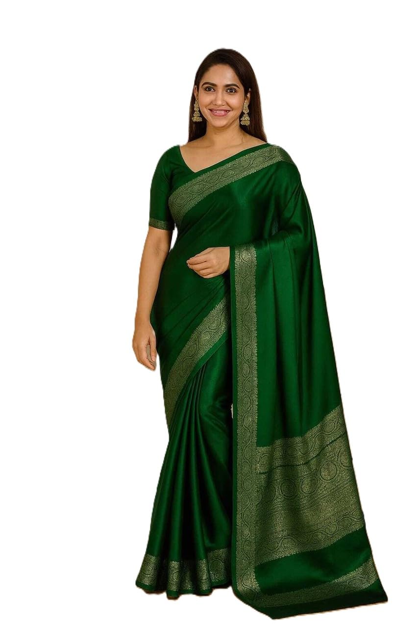 Plain Original Kanjivaram Silver Zari Green Saree Banarasi Pure Soft Satin Blend Silk Saree Women Kanchipuram Pure Paithani Mysore Silk Traditional Jacquard New Ladies with Blouse Piece-image-49