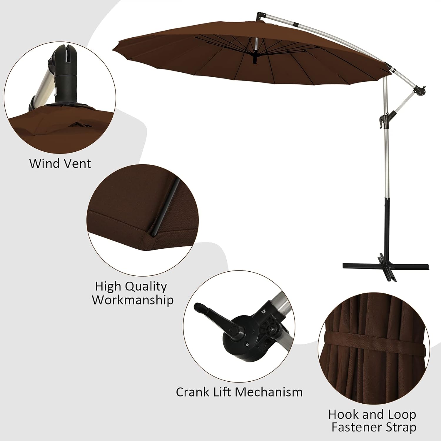 Tangkula 10 FT Patio Offset Umbrella, Outdoor Cantilever Umbrella with Easy Tilt Adjustment, 16 Sturdy Ribs, Crank and Cross Base, Market Hanging Umbrella for Backyard, Poolside, Lawn, Garden (Tan)