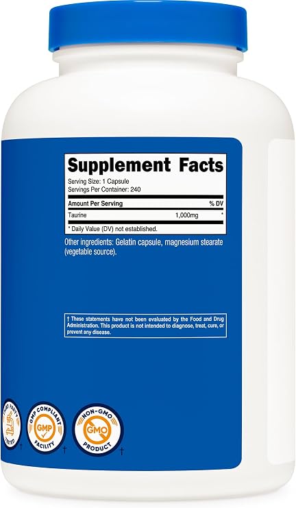 Nutricost Taurine 1000mg Capsules Supplement, 240 Capsules Per Bottle | GMO-Free & Gluten-Free