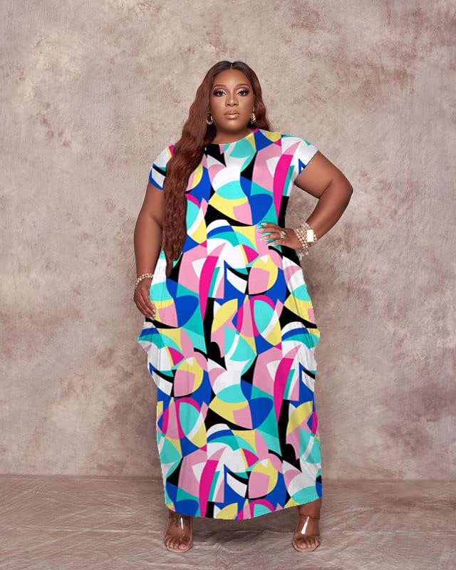 YeGine Oversize Tshirt Dress Plus Size Short Sleeve Maxi Dress with Pockets 3X-Large Plus 30-3281 Colorful