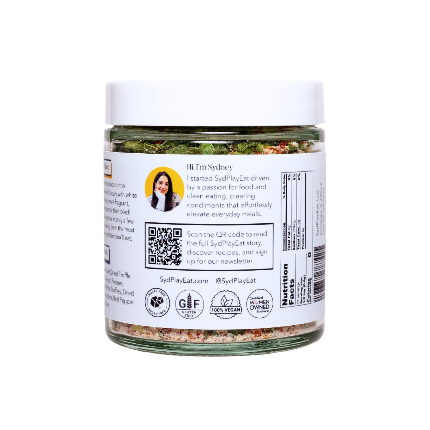 Truffle Salt Blend with Extra White Truffle, Chives, Red Pepper Flakes, Aleppo Pepper, Sea Salt- SydSalt White Truffle Salt - Elevate Popcorn, Eggs, Pasta, Pizza, Salads, Vegetables - Unique Gift - SydPlayEat - 2.2 Oz