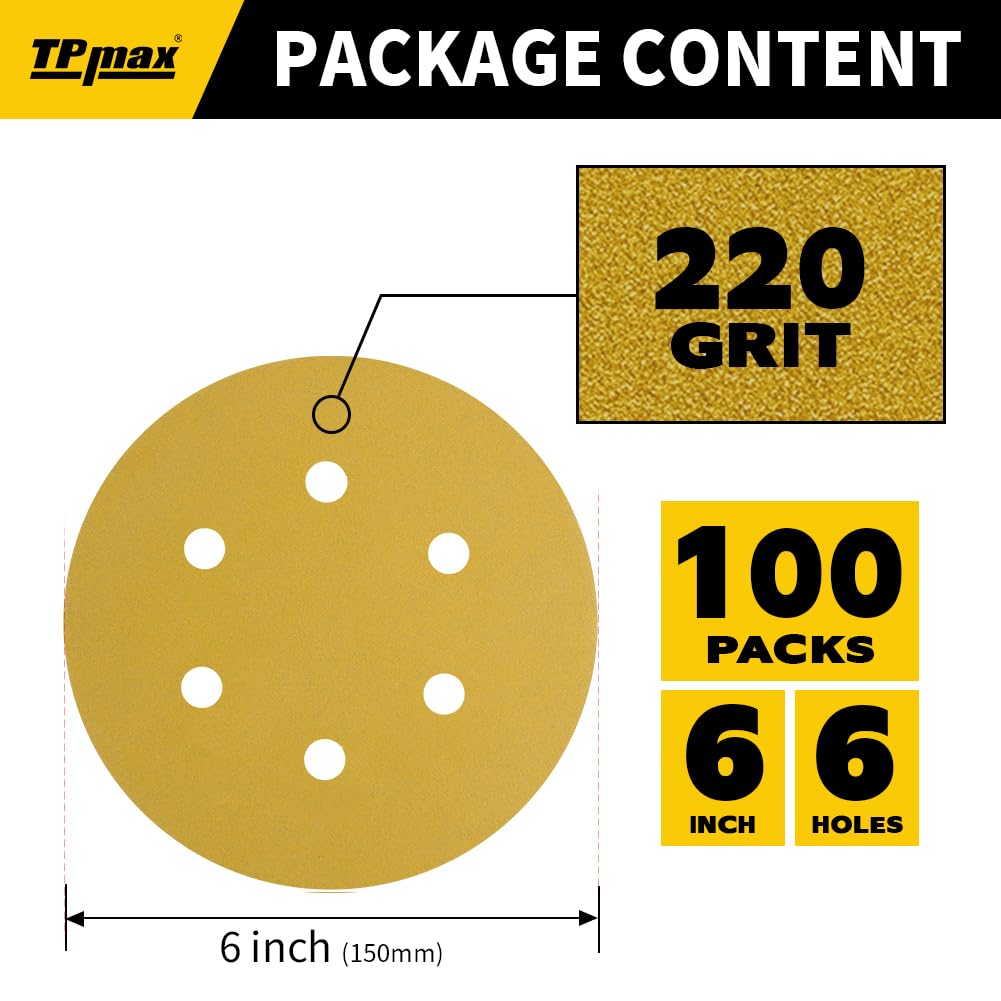 100PCS 6 Inch 220 Grit 150mm 6 Hole Sanding Discs Sandpaper - Premium Gold Round Hook and Loop for Random Orbital Sander - Ideal for Wood, Metal, Automotive