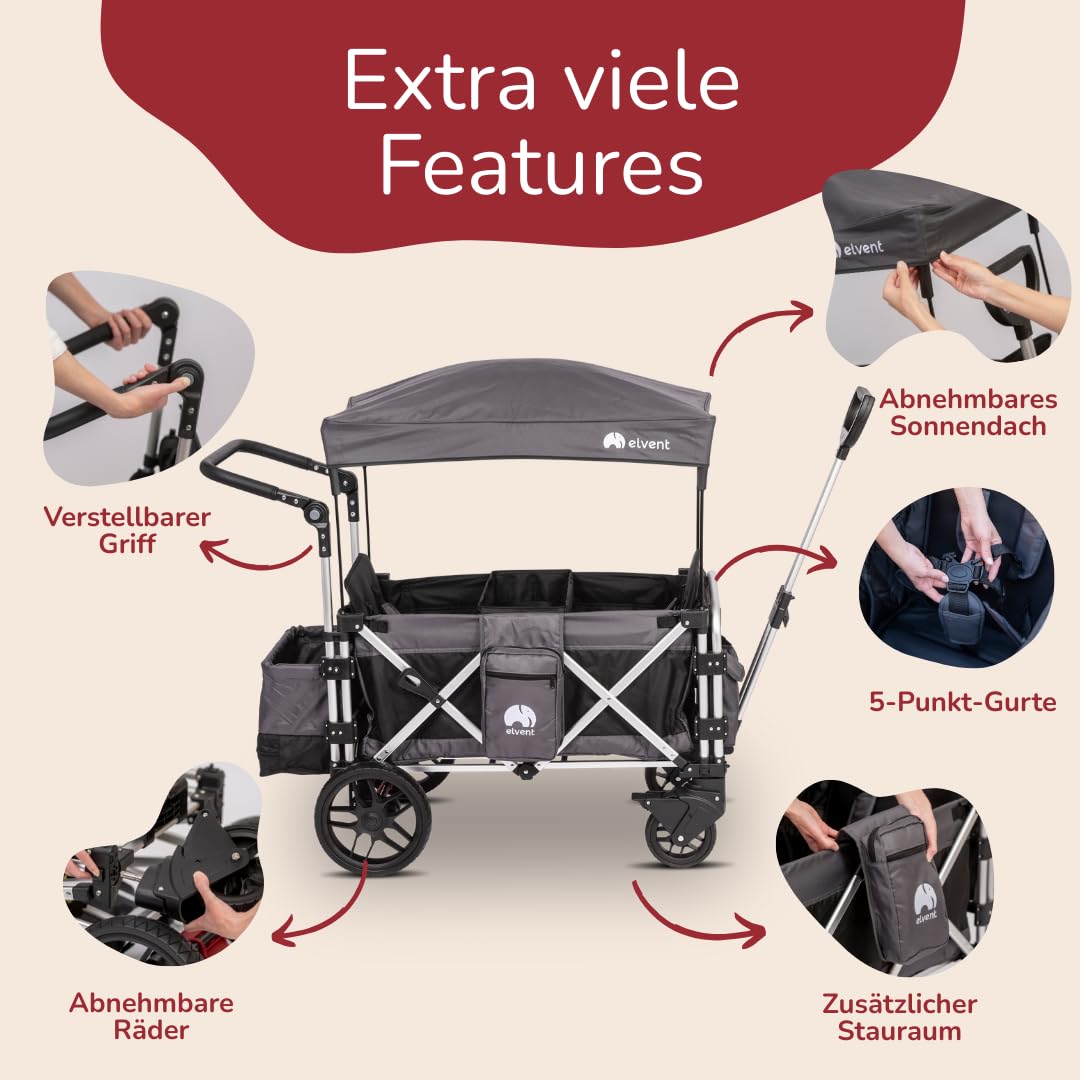 elvent® FamilyStar 2 Sitzer Bollerwagen | Handwagen faltbar mit Dach I Sitzpolster, Hecktasche, Feststellbremse, PU-Reifen, 5-Punkt-Gurte für 2 Kinder, Teleskop-Zugstange