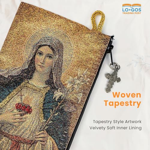 Image of Catholic Rosary Pouch, 4 inch x 6 inch Jewelry & Coin Purse with Cross, Small Woven Tapestry Icon Bag, Bolsa de Rosario Catolico para Joyeria, Sacred Heart of Jesus & Immaculate Heart of Mary, 4 inch x 6 inch