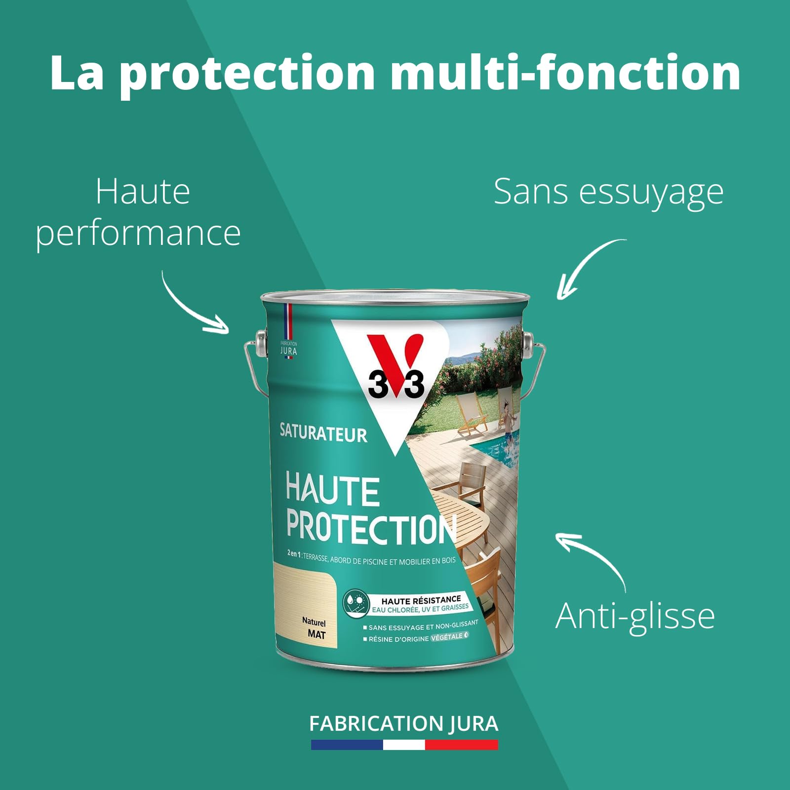 V33 Saturateur bois extérieur Naturel mat 5L - Haute résistance eau chlorée, UV et graisse - Sans essuyage et non glissant