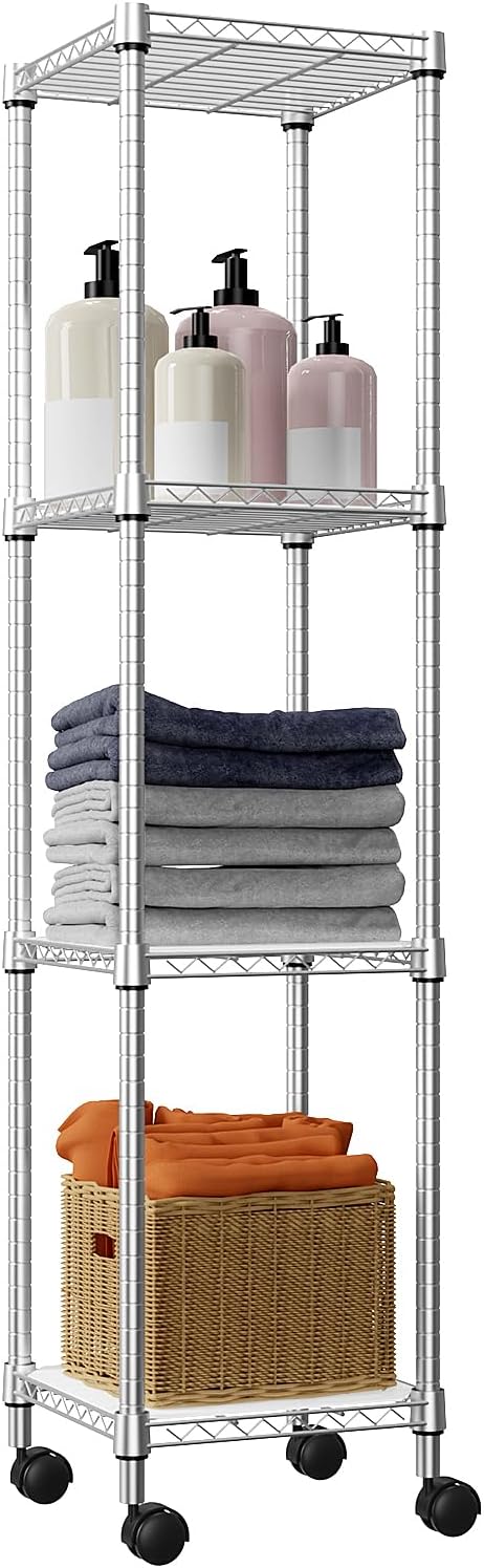 Storage Shelves Adjustable, 4 Tier Shelving Units for Storage with Wheels, Corrosion Resistant Wire Shelving Unit for Kitchen Closet Bathroom Office, Chrome 11.8″ D x 11.8″ W x 48.1″ H