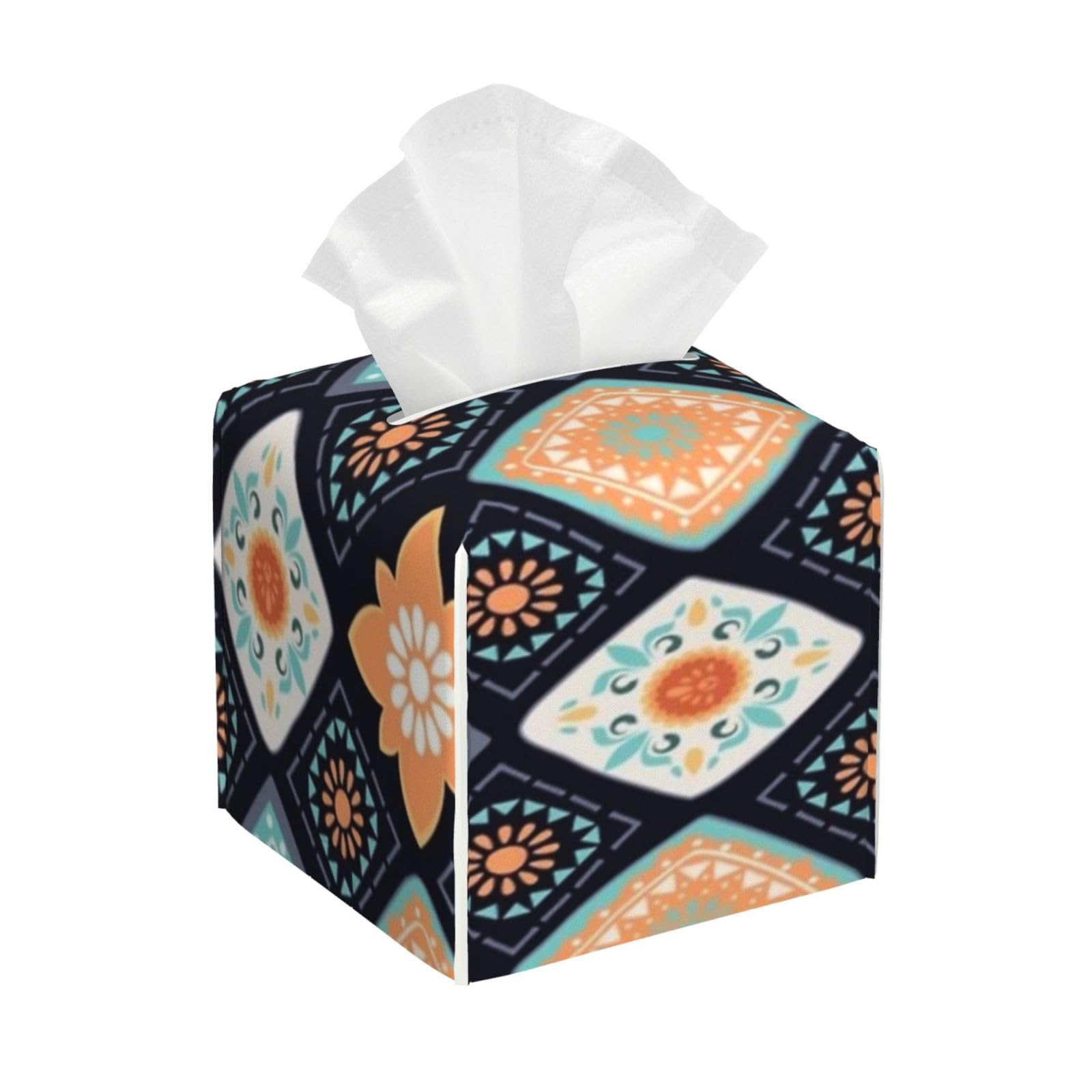Colorful Floral Geometric Seamless Pattern Tissue Box Cover 5" Square Leather Tissue Holder Facial Tissue Case for Tabletop Bedroom Bathroom Desk Decor