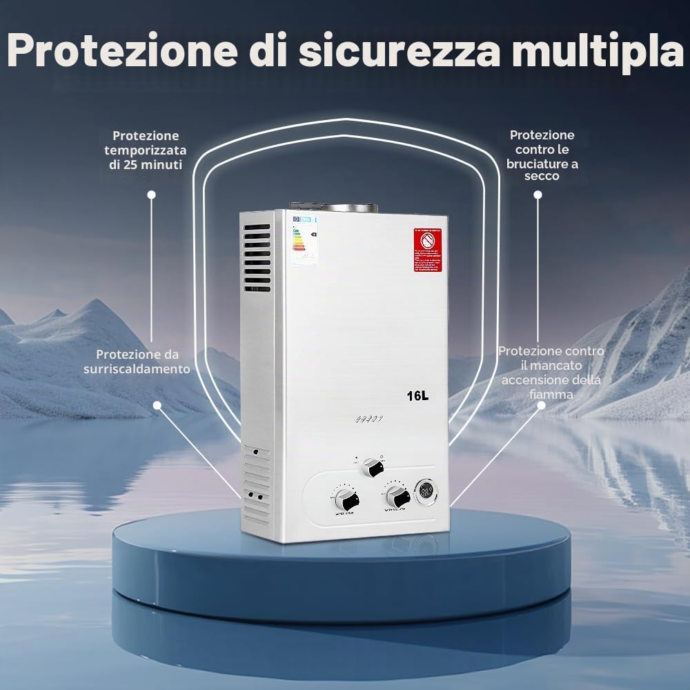 Scaldabagno a Gas 16LPM, Scaldabagno Gas GPL 32KW, Funziona a Bassa Pressione dell'Acqua con Propano e Butano, Adatto per Case Camper Cabine Esterno