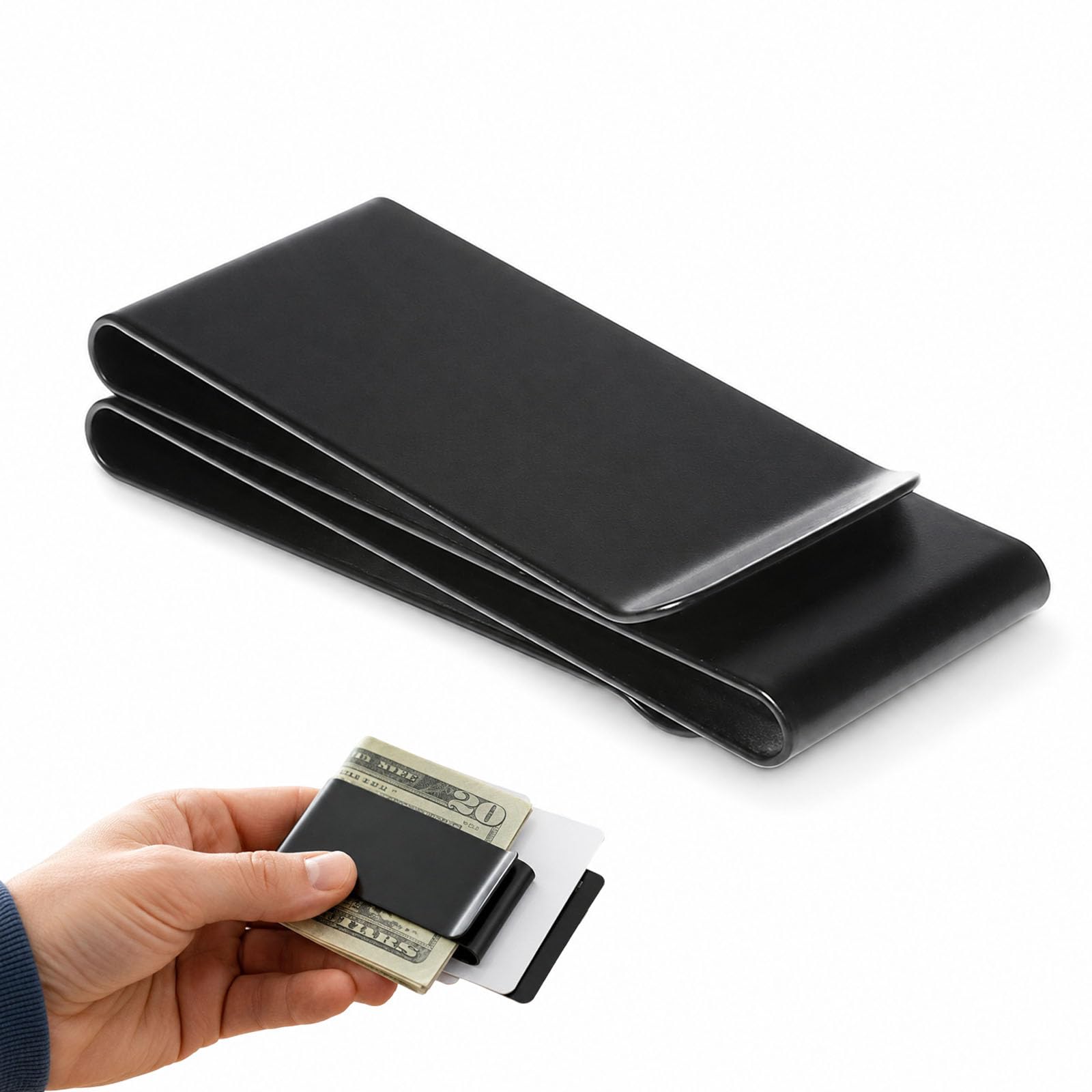 HOQBFSN Black Slim Double-Sided Stainless Steel Money Clip, 6×2.6×1.2cm Solid Metal Cash Credit Card ID Holder, Matte Black Clamping Clip for Adult Men Women Daily Business Pocket Carry