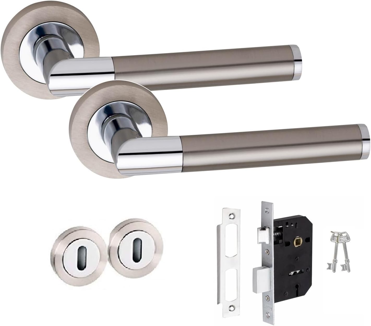 Golden Grace Mitred Design Door Handle Duo Finish Satin Nickel Polished