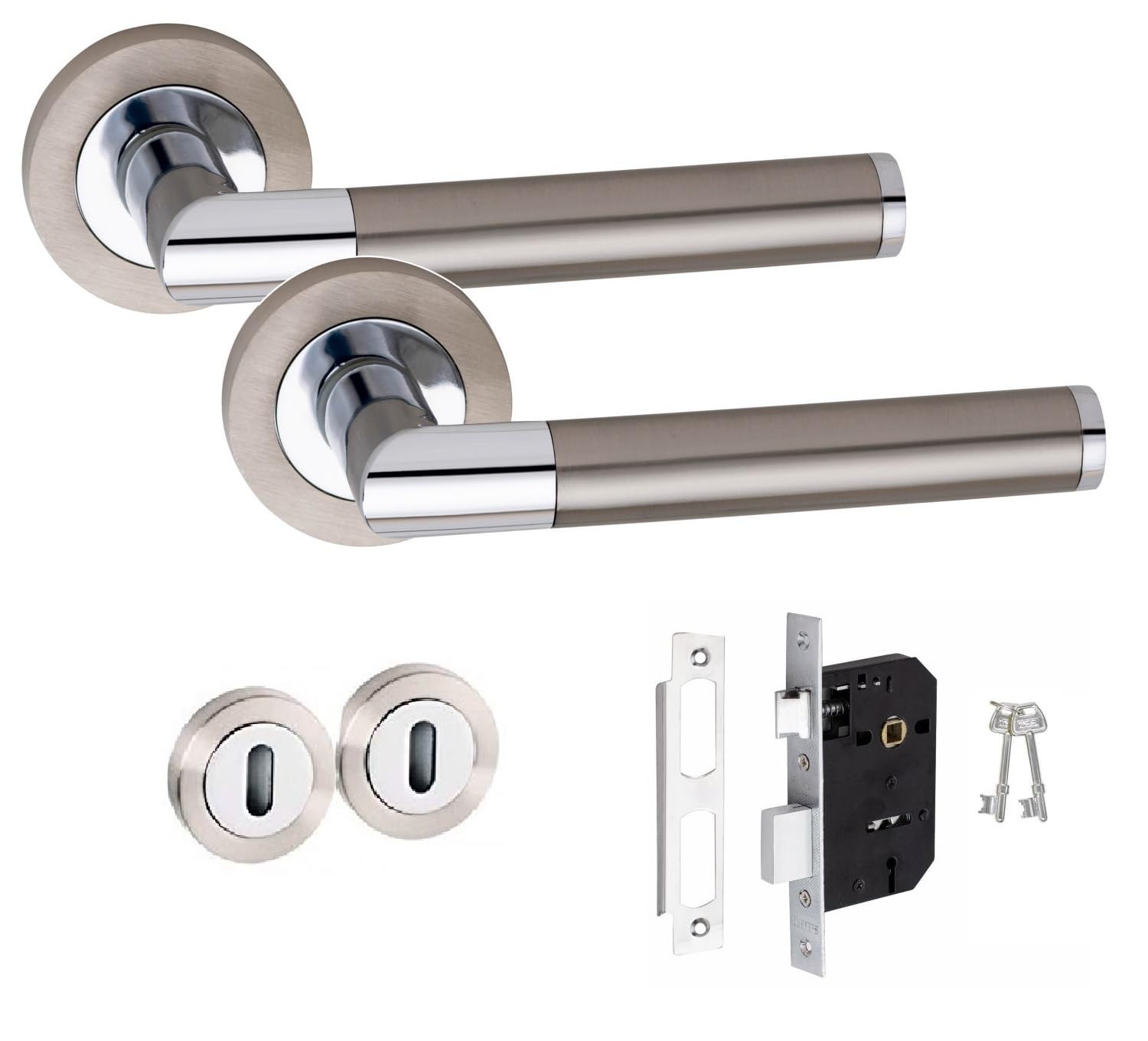 Golden Grace Duo Finish Satin Nickel Polished Chrome Mitred Design Key Lock Door Handles Set On Round Rose In Satin Nickel Polished Chrome Finish With 64Mm 3 Lever Mortise Lock & Key Hole
